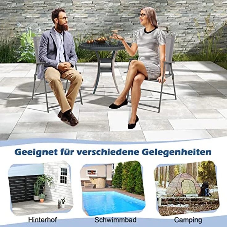 COSTWAY 2er Set Gartenstühle, Hochlehner Klappstühle mit wetterfestem Stoff, Balkonstühle mit Armlehnen, Terrassenstühle bis 150 kg belastbar, für Garten, Terrasse, Balkon, Grau – Bild 8