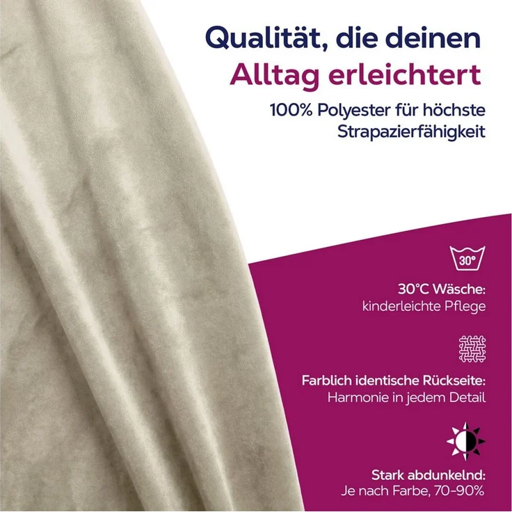 Beautex Verdunkelungsvorhang Samt Vorhang Kräuselband U-Band Gardine Velvet abdunkelnd (1 St), Hakenaufhängung, abdunkelnd, Weicher Samtstoff, lichtmindernd, pflegeleicht, blickdicht – Bild 3