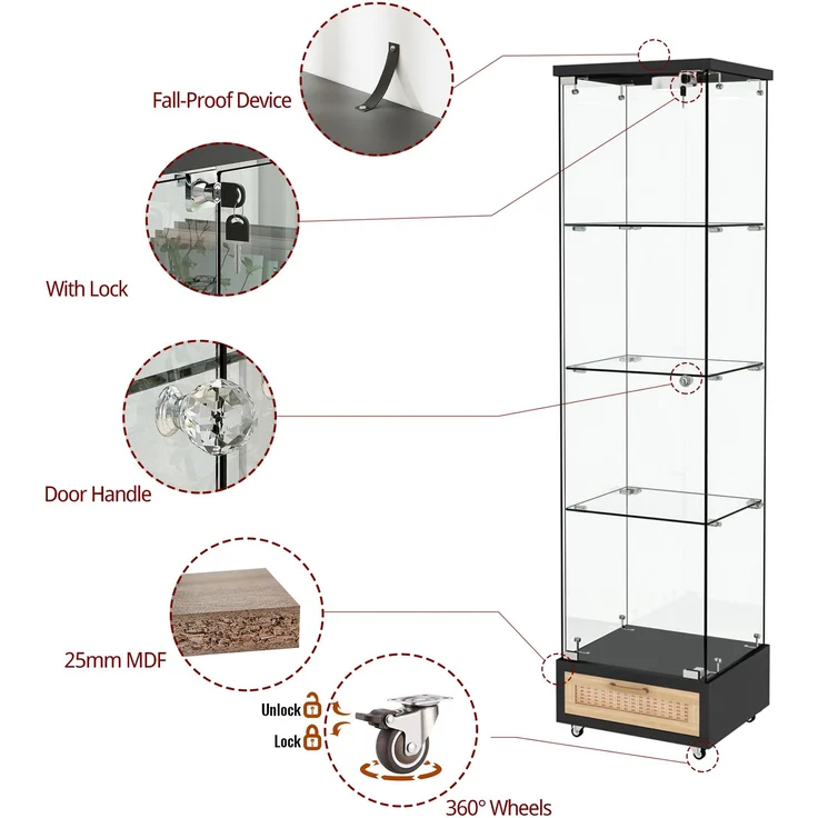 Moderne Glasvitrine mit Schubladen,Vitrine mit LED-Beleuchtung,Bücherregal aus gehärtetem Glas,Eintüriger Schrank mit vier EinlegebödenGeeignet für Wohn- und Schlafzimmer, schwarz-H167/B42.5/T36.5 cm--Schwarz--42.5x36.5x167cm--YOUDENOVA – Bild 9