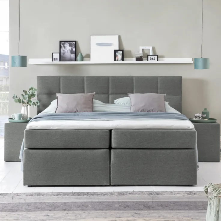 Möbelfreude Boxspringbett Boxspringbett Bea mit Bettkasten Hellgrau 200x.., Hellgrau 200x200 cm H2/H3 7-Zonen-Taschenfederkern Matratze + Visco-To