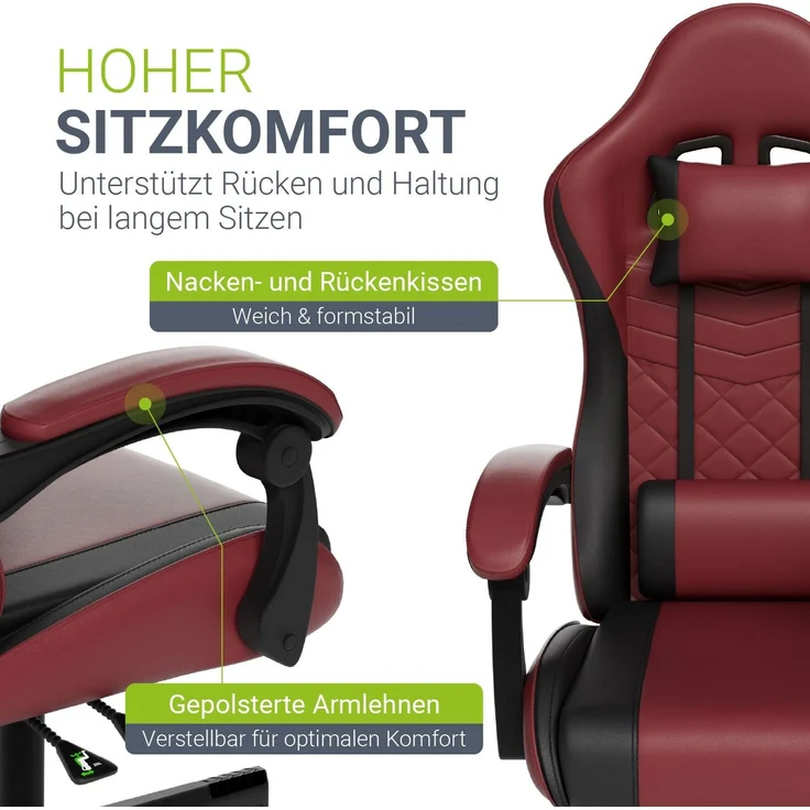 Juskys Gamingstuhl HyperSeat, verstellbare Rückenlehne, höhenverstellbarer Drehstuhl, Kunstleder, ergonomisch, für Büro & Gaming Setup – Bordeaux/schwarz – Bild 4