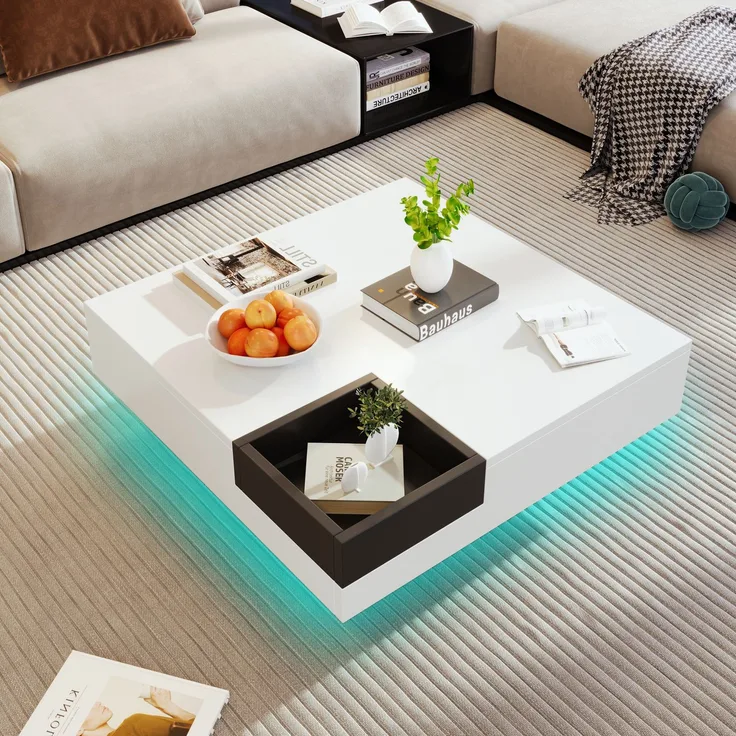 Moderner Couchtisch Schwarz Weiß Hochglanz LED Aufbewahrungsbox Wohnzimmer Tisch Design Möbel