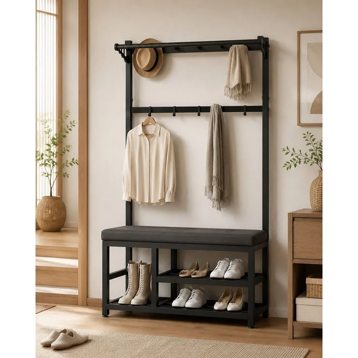 Fyrove Garderobenständer Garderobe Flur mit Schuhregal, Sitzbank und 9 Haken für Kleidung, (Schuhregal,Garderobe), flurgarderobe, garderobe flur – Bild 1