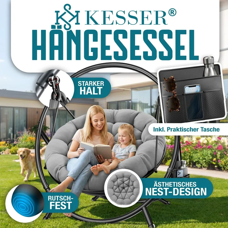 KESSER® Hängesessel mit Gestell BALI Hängeschaukel Hängestuhl bis 150kg für Indoor und Outdoor + Kissen & Seitentasche Hängekorb Stahlgestell & Schaumstoff Sitzpolster ideal für Wohnzimmer & Garten Grau – Bild 2
