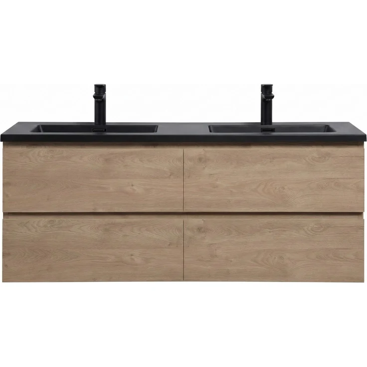 Badplaats Badmöbel Set mit Waschbecken und Unterschrank Angela 140 x 48 cm Kastanien Eiche - Waschbeckenunterschrank mit Soft-Close und Schwarze Doppelwaschbecken – Bild 3
