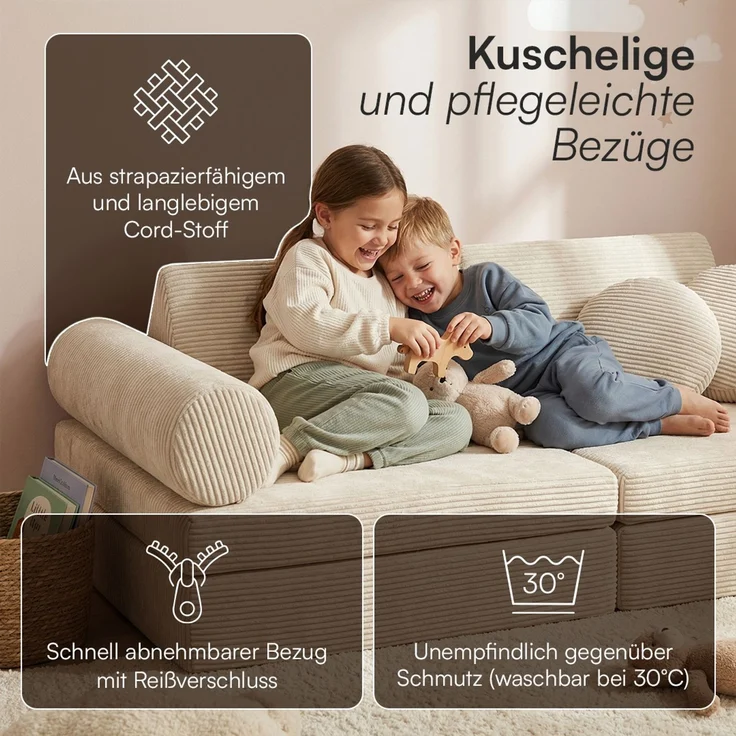 Bellabino 'Nile' Spielsofa mit Kissen und Armlehnen, 8-tlg, Cord, beige, faltbare Kindercouch, abnehmbarer & waschbarer Bezug, Kindersofa aus Schaumstoff – Bild 5