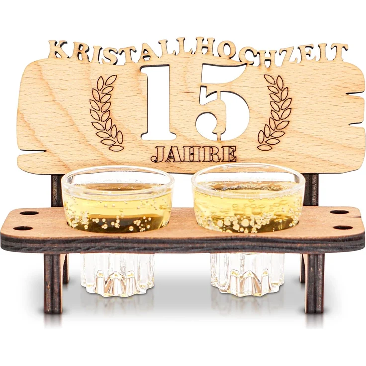 DARO Design - Schnapsbank 15. Hochzeitstag Kristallhochzeit Geschenk Deko für Paare Männer Frauen aus Holz mit Gläsern