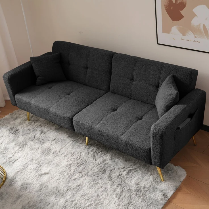 Schlafsofa mit Lammwollbezug, hochdichte Schaumstoffkissen, Rückenlehne neigbar bis 180°, vergoldete Beine, dunkelgrau – Bild 6