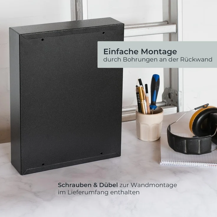 HMF Schlüsselkasten Abschließbarer Schlüsselschrank mit 42 Haken (Inkl. Schlüsselanhänger), verstellbare Hakenleisten, 35 x 27 x 8 cm, schwarz – Bild 8