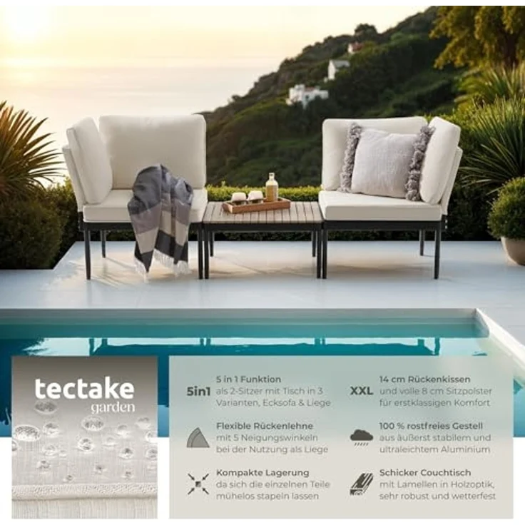 tectake Gartenlounge-Set Aluminium Gartenlounge-Set, (Set, 3-tlg), Kompakter Couchtisch mit Lamellen in natürlichem Holzlook – Bild 2