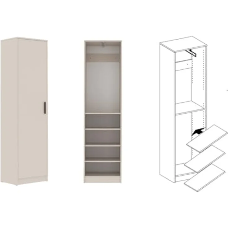 Marmex Möbel Grant 20C 1-türiger Mehrzweckschrank, Kleiderschrank mit Einlegeböden und einer ausziehbaren Kleiderstange, laminierte Spanplatte, graubeige cashmere, 52x195x40 cm – Bild 3
