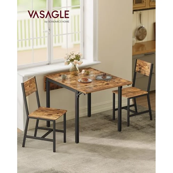 VASAGLE Esstisch mit 2 Esszimmerstühlen, Esszimmermöbel-Set, Essgruppe, für Wohnzimmer, Küche, Metallrahmen, einfache Montage, vintagebraun-schwarz KDT078S03V1 – Bild 3
