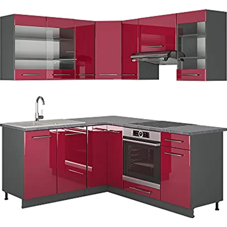 Vicco Eckküche Fame-Line, L-Form, Bordeaux/Anthrazit, Holzwerkstoff, 160x82x60 cm, ohne Geräte