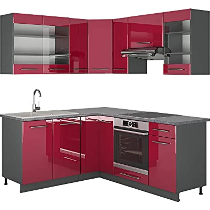 Vicco Eckküche Fame-Line, L-Form, Bordeaux/Anthrazit, Holzwerkstoff, 160x82x60 cm, ohne Geräte – Bild 1