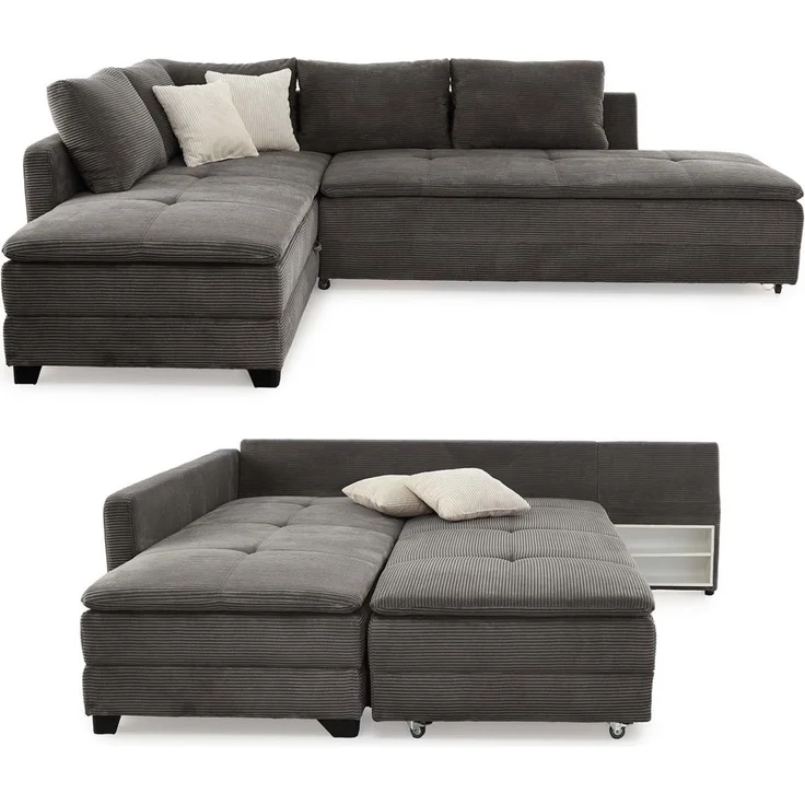 Ecksofa-Dauerschläfer Doppelbett Federkern Bettkasten Couch Cord Dunkelgrau – Bild 1
