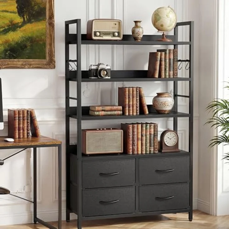 YITAHOME Industrie-Bücherregal, 4-stöckiges Regal mit verstellbaren Einlegeböden und 4 Stoffschubladen, freistehendes Präsentationsregal mit Metallrahmen für Wohnzimmer, Schwarz – Bild 2