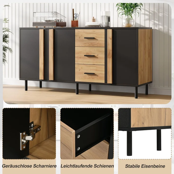 Merax Sideboard 140 x 35 x 70 cm aus MDF, Kommode mit 3 Türen und 3 Schubladen, Beistellschrank, Schrank mit 6 stabilen Metallbeinen, Schwarz + Naturholzfarbe – Bild 7