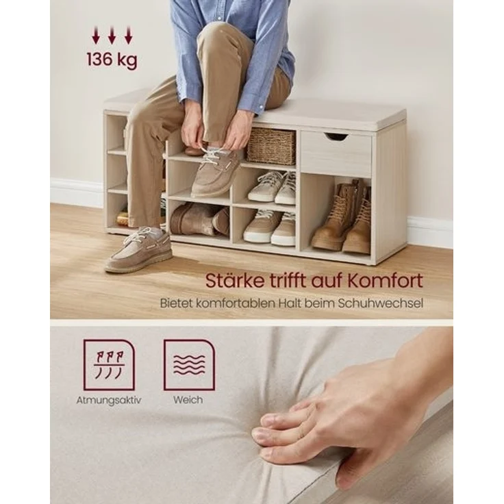 Vasagle Schuhbank, Schuhregal mit Schublade und offenen Fächern, Sitzbank, gepolsterter Sitz, Flur, Schlafzimmer und Eingangsbereich, 30 x 104 x 48 cm, naturbeige-cappuccinobeige LHSDE024K03 – Bild 3