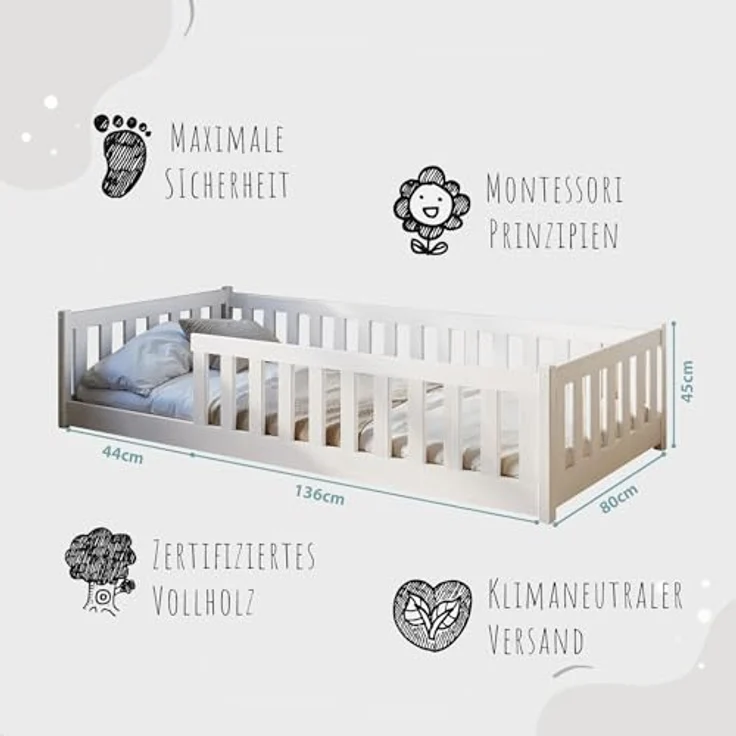 Kids Collective Kinderbett Bodenbett Bett mit Rausfallschutz & Lattenrost Montessori Bett Kinder (weitere Größen 80x160, 90x200, 120x200, 140x200 cm), Jugendbett Einzelbett mit Matratze, weiß Kiefer 80 x 180 cm – Bild 3