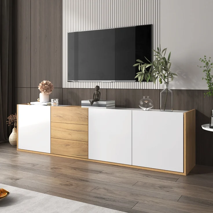 TV-Lowboard aus MDF mit 3 Türen & 3 Schubladen, 171,5x35x47 cm, Weiß/Holzfarben – Bild 8
