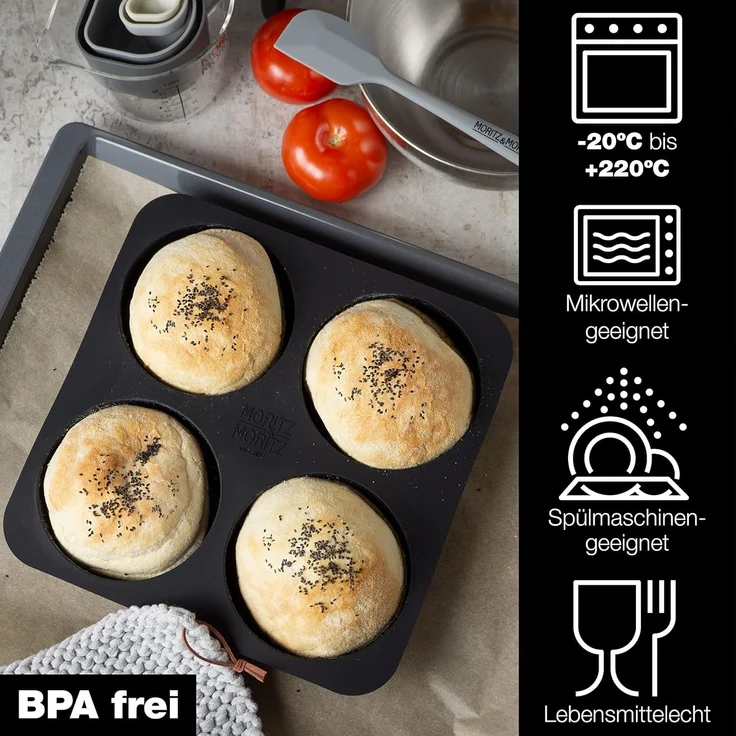Moritz & Moritz Silikonform Moritz & Moritz Backform Brot Burger inklusieve Beckheft und Teigschab, (Set 3-tlg), Für Brot, Burger Buns und XXL Muffins – Bild 2