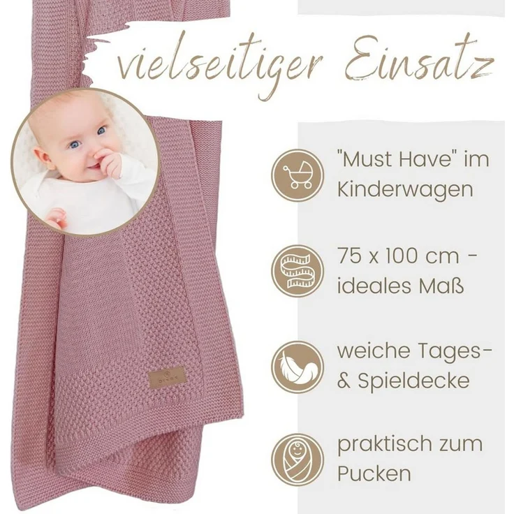 DIKOS® Babydecke GOTS Bio Baumwolle Beere | kuschelweiche Neugeborenen Baby Decke | Strickdecke Schmusedecke Kinderwagen | Erstausstattung Baby Mädchen | Neugeborene Babygeschenke Geschenk zur Geburt – Bild 4