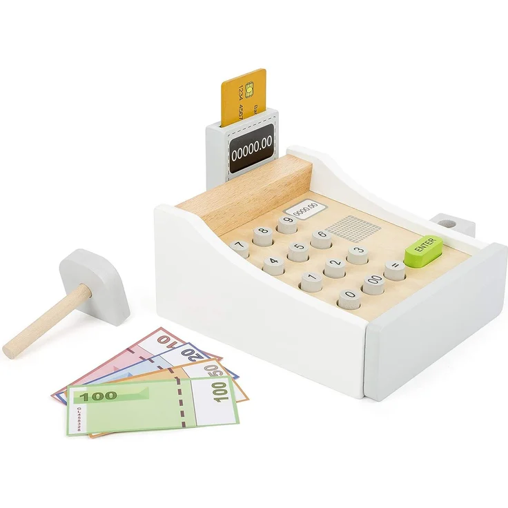 Small Foot 11099 Spielkasse aus Holz, inkl. Scanner, Kartenlesegerät, Spielgeld und Kreditkarten Spielzeug, Mehrfarbig – Bild 2