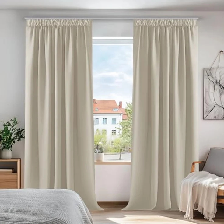 Deconovo Vorhang Blickdicht mit Kräuselband Hitzeschutz Gardinen Hellbeige | 2er Set, H 229 x B 229 cm, Schlafzimmer Gardinen, für Schlafzimmer, Blackout Curtains, Sichtschutz, UV-schutz, Übergardinen – Bild 1
