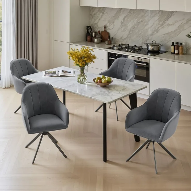 Hawthyhome 4-Fußstuhl Esszimmerstuhl drehbar mit Armlehne, 360° Drehfunktion, ergonomische Sitzschale mit weicher Polsterung, Samtbezug, stabiles schwarzes Metallgestell, moderner Küchenstuhl für Esszimmer, Wohnzimmer, Büro & Homeoffice, Dunkelgrau