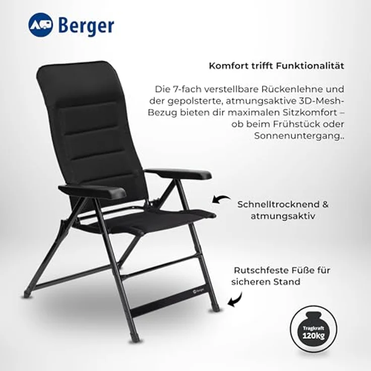 BERGER Tesino Campingstuhl klappbar, 7-fach verstellbar & gepolstert, faltbarer Outdoor-Stuhl mit 3D-Mesh, bis 120 kg für Camping & Garten, leicht und robust – Bild 3