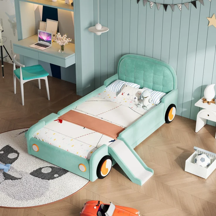 Kinderbett, Autobett mit Rutsche und Treppe, links/rechts montierbar, weiches Polsterbett in Blaugrün, Spielbett mit Fallschutz für Kinderzimmer, 90x200 cm – Bild 2