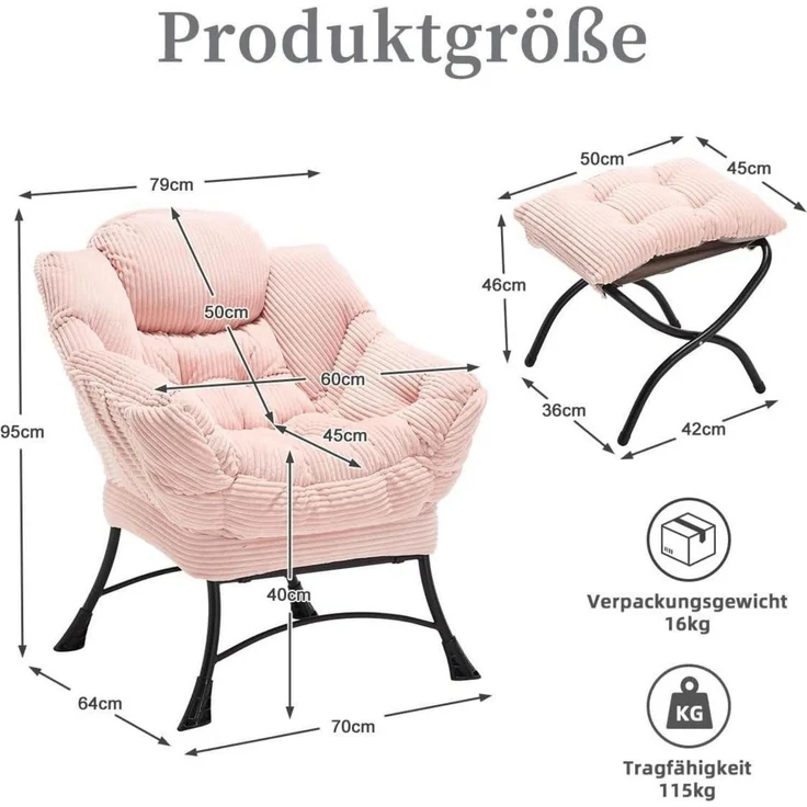 Ohrensessel Hocker Armlehnen Seitentasche Ottoman Rosa – Bild 2