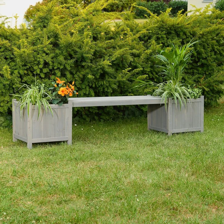 Gartenbank mit 2 Blumenkästen Garten Bank 2in1 Blumenkasten Holzbank grau – Bild 2