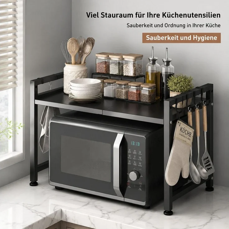 Toomoke Regalelement Mikrowellenständer, Küchenorganizer für Arbeitsplatte, Geräteständer, Ablagegestell für Mikrowelle und Elektrogeräte, 2-stufig, Metall, ausziehbar, höhenverstellbar – Bild 2