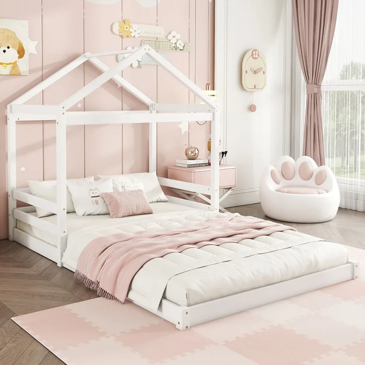 Bett 140x200 cm Hausbett aus Kiefer mit Lattenrost, Weiß – kindgerechtes, minimalistisches Design
