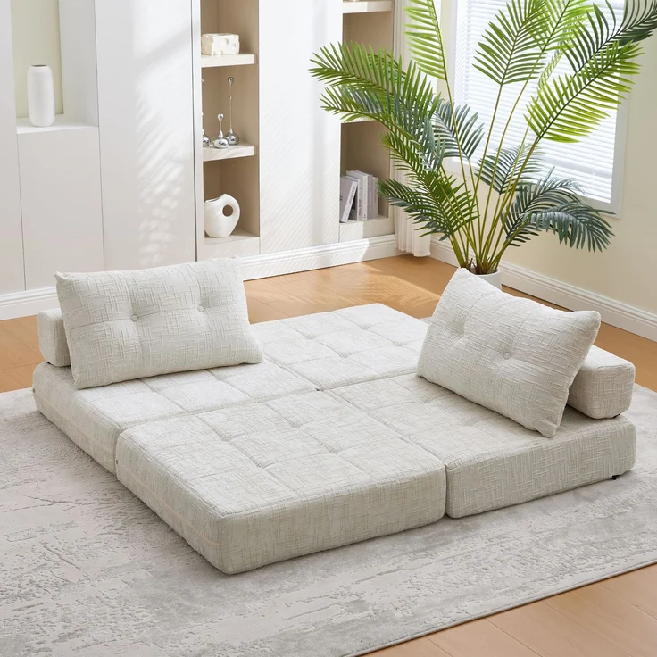 Klappsofa Bett mit Kopf- & Lendenkissen, multifunktionales Schlafsofa, 2-in-1 Faltsofa mit hochdichtem Schaumstoff,Beige – Bild 2