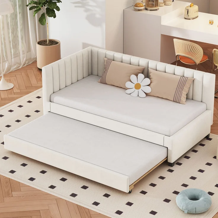 Polsterbett, 90 x 200, Ausziehbares Schlafsofa, Multifunktionsbett mit Lattenrost, Jugendbetten Kinderbetten Gästebetten, Samtstoff, Beige, 90 x 200 cm – Bild 4