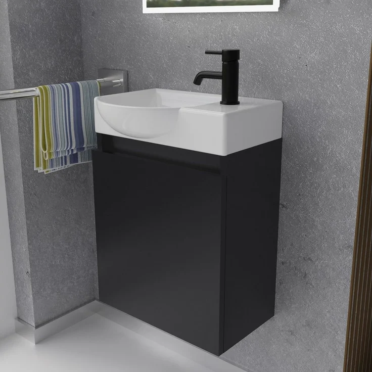 Alpenberger Badmöbel-Set Gäste WC Waschbecken mit Unterschrank - Hängeschrank Vormontiert, (Badschrank 2-tlg, Waschtisch hängend), Waschbeckenunterschrank Schwarz mit Softclose – Bild 1