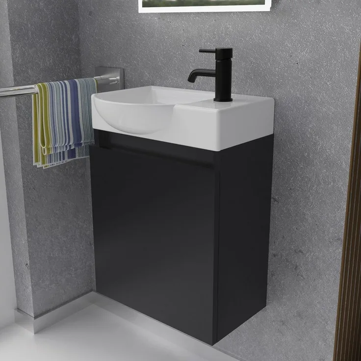 Alpenberger Badmöbel-Set Gäste WC Waschbecken mit Unterschrank - Hängeschrank Vormontiert, (Badschrank 2-tlg, Waschtisch hängend), Waschbeckenunterschrank Schwarz mit Softclose