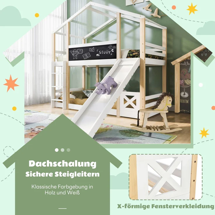 Etagenbett 90x200 cm mit Rutsche & Tafel, Hausbett aus Kiefer, Hochbett mit Leiter, sicher & spielerisch für Kinderzimmer – Bild 6
