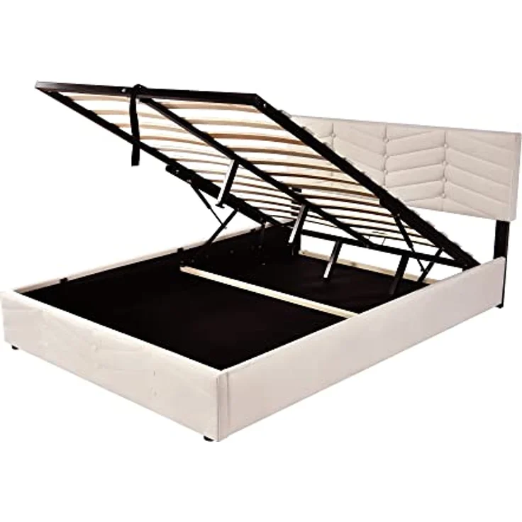 FAVSH Polsterbett 140x200 cm, Hydraulisch Doppelbett mit Lattenrost und Bettkasten, Streifen-Stil, Continentalbett, Samt Continentalbett, für Erwachsene&Jugendliche, ohne Matratze, Beige – Bild 3