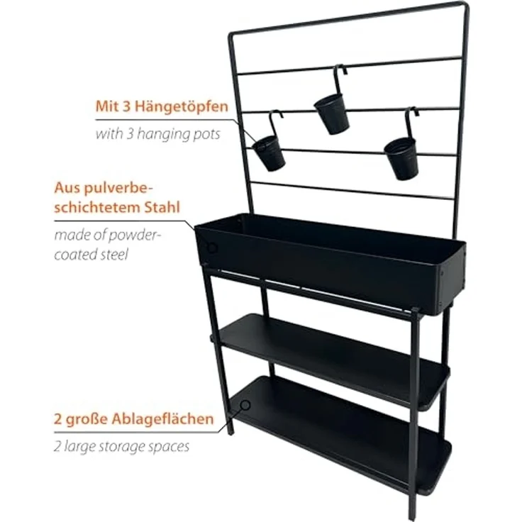 dobar® Metall-Hochbeet mit Rankgitter und 3 Hängetöpfen – Pflanzregal aus pulverbeschichtetem Stahl mit 2 Ablagen – Pflanzkasten für Balkon, Terrasse und Garten – 94 x 30 x 155 cm - Anthrazit – Bild 3