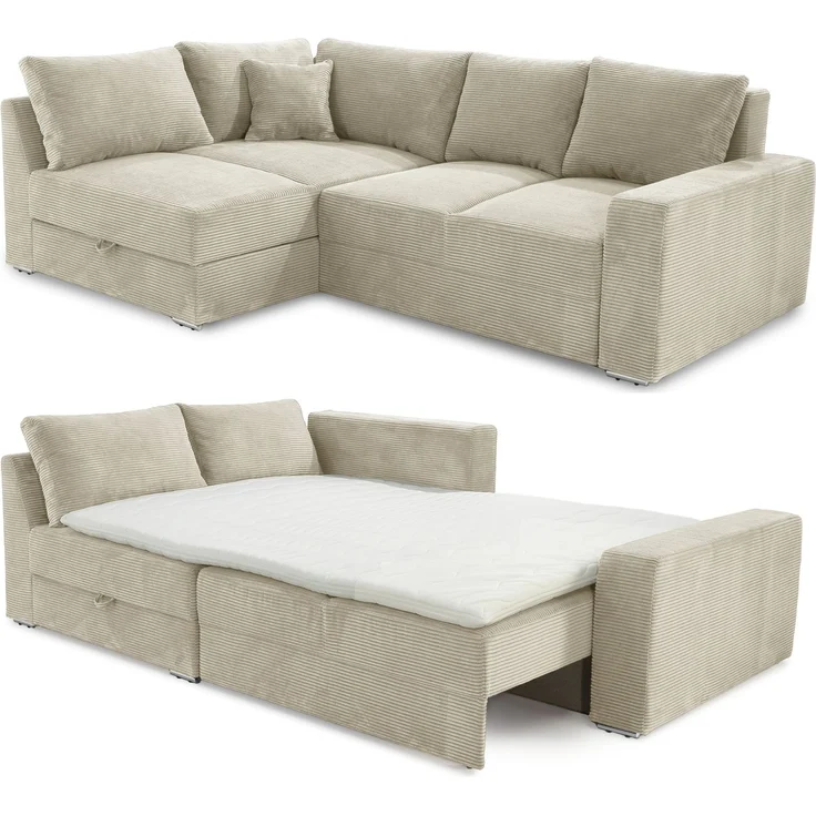 Ecksofa-Dauerschläfer Federkern Topper Bettkasten Schlafcouch in Cord Beige Grau – Bild 9