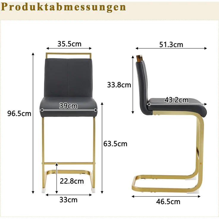 Zweier-Set Barhocker im nordischen Stil (Set mit 2 Stühlen).Hergestellt aus hochwertigem schwarzem Kunstleder mit goldfarbenen Metallbeinen, Geeignet für Restaurants, Küchen u.a.--Schwarz + Gold--39x46.5x96.5cm--YOUDENOVA – Bild 5