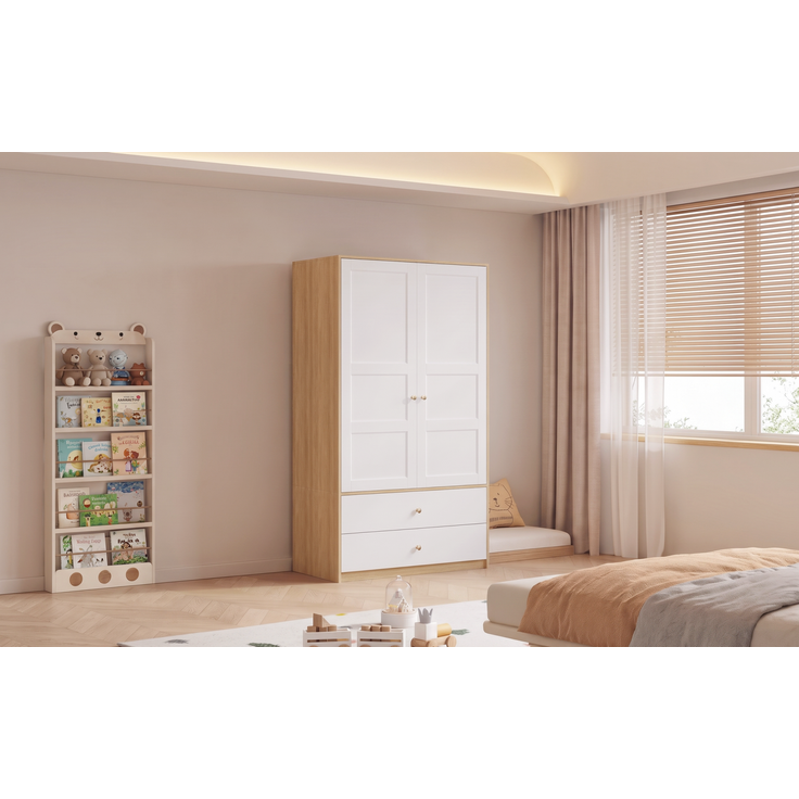 ZUBALIYA Doppeltüriger Kleiderschrank, 2-türiger Kleiderschrank, mit 2 Schubladen und Kleiderstange, Schlafzimmermöbel, Garderobenschrank, Kleiderschrank mit Kleiderstange, 100 x 48 x 180 cm,Weiß und Holzoptik – Bild 19