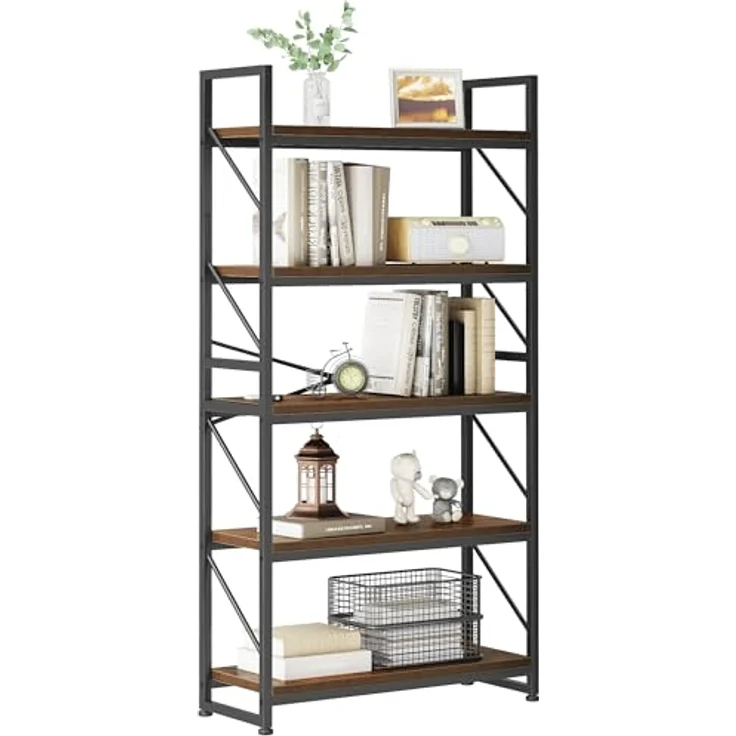 YITAHOME Bücherregal mit 5 Ebenen, industrielles Bücherregal, großes freistehendes Bücherregal, Holzregal und Metallrahmen, Regal, Präsentationsregal für Wohnzimmer, Heimbüro, rustikales braunes – Bild 7