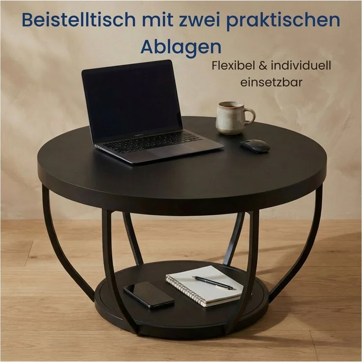 Home Collective Couchtisch Beistelltisch rund Ø 80 cm moderner Wohnzimmertisch mit 2 Ablagen (ideal als Büro Ablagetisch oder als Wohnzimmer Deko), hochwertiges Design mit Metallgestell, stabile Tischplatte, schwarz – Bild 3