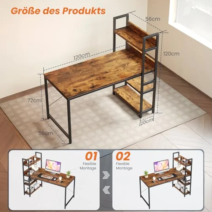 Sweetcrispy Schreibtisch mit Seitlichem Regal & Verstellbaren Füßen, 120 cm breiter Bürotisch, Starker Computertisch mit Ablagefläche, Einfacher Montage, vintagebraun – Bild 4
