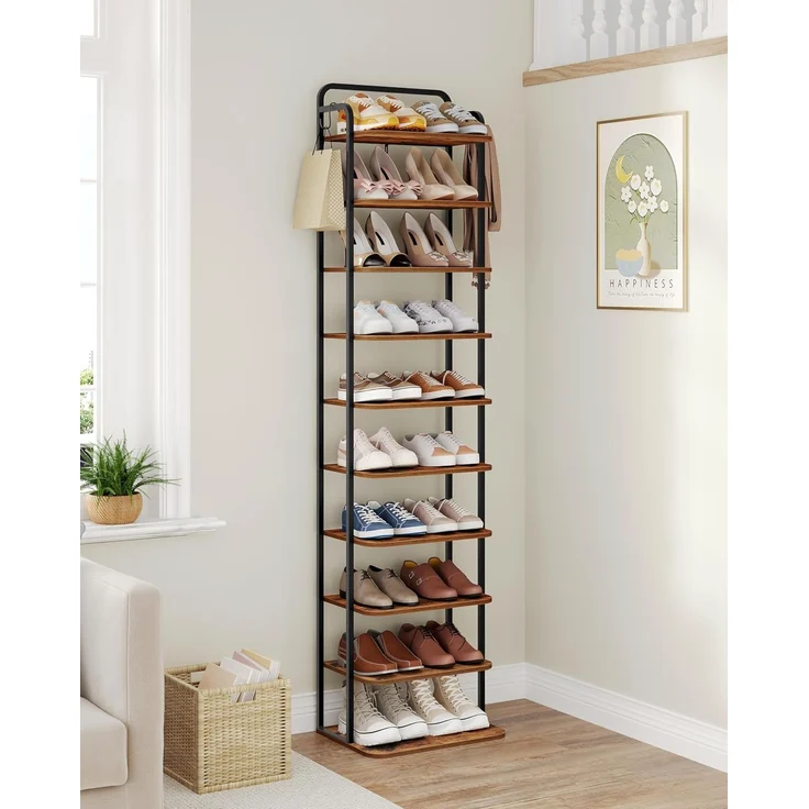 Vertikales Schuhregal, 10-Stöckige Schuhregale, Schuhturm für kleine Räume, Freistehend, Verstellbar, Platzsparend, Braun und Schwarz – Bild 7