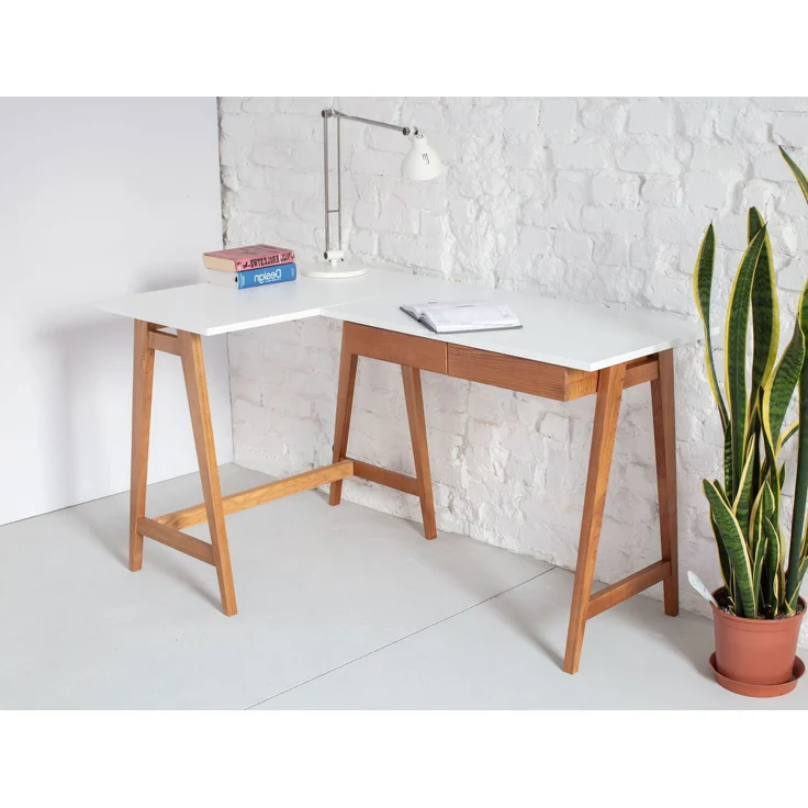 Ragaba Eckschreibtisch mit 2 Schubladen und Fußstütze, MDF & Massives Eschenholz Eichenbeize, 135x85 cm, Weiß, Links – Bild 4